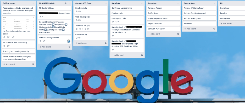 How To Know When It's Time To Find a New SEO Agency - An example of a client project dashboard with actual deliverables extracted from Trello.