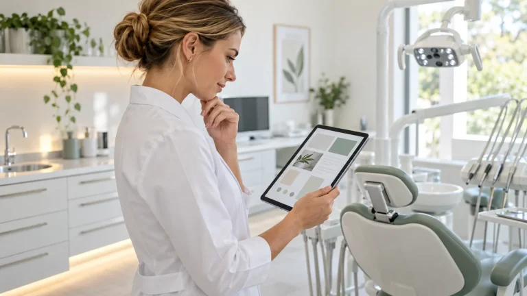Dental practice owner checking marketing layouts on a tablet in an empty surgery.