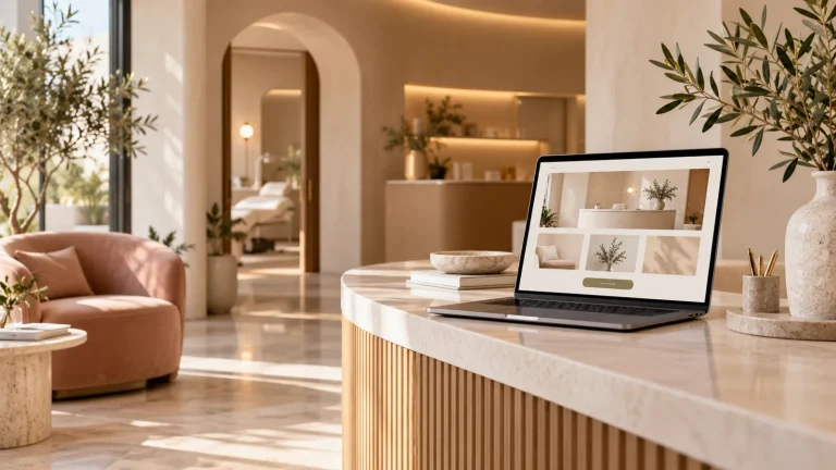 Cosmetic clinic reception with an open laptop displaying a booking website layout.