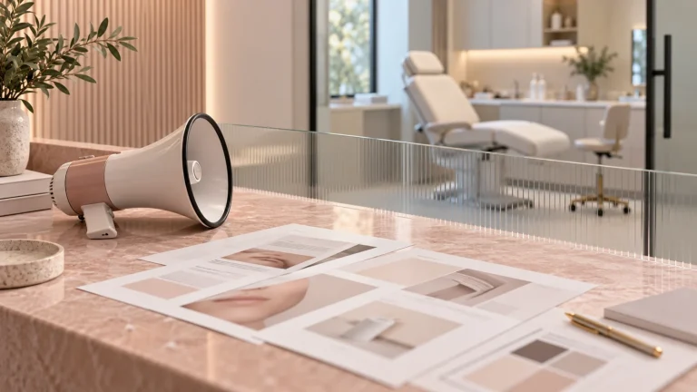 Advertising layouts and a megaphone on a calm cosmetic-clinic reception counter.