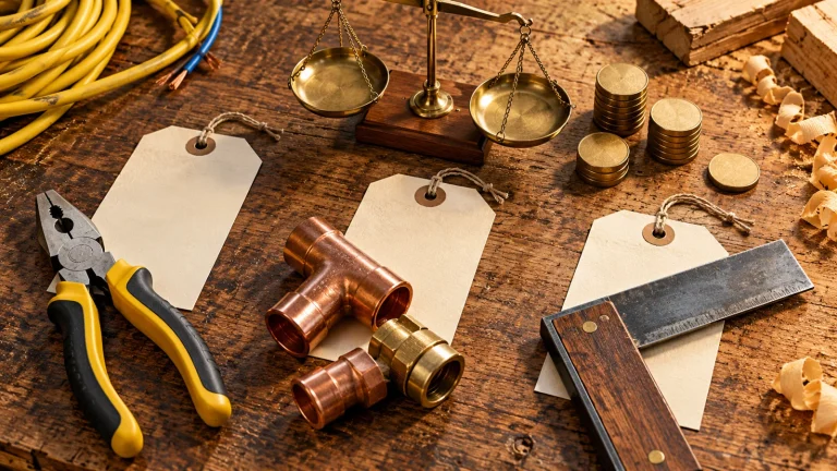 Blank job tickets, different trade tools and tokens arranged on a workbench.