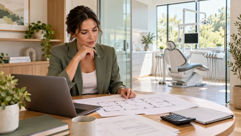 Dental practice owner reviewing a floor plan and business planning materials.