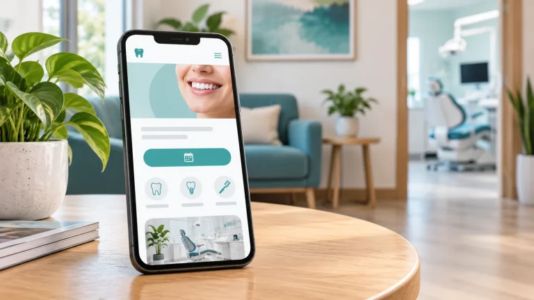 Phone displaying a booking website layout in a dental waiting room.