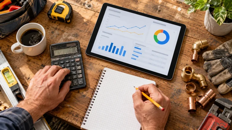 Calculator, planning notebook and trade tools arranged on a workshop desk.