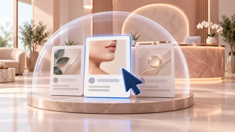Cursor selecting a campaign card beside a model cosmetic clinic.