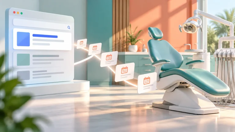 Appointment cards leading from a campaign panel to a model dental chair.