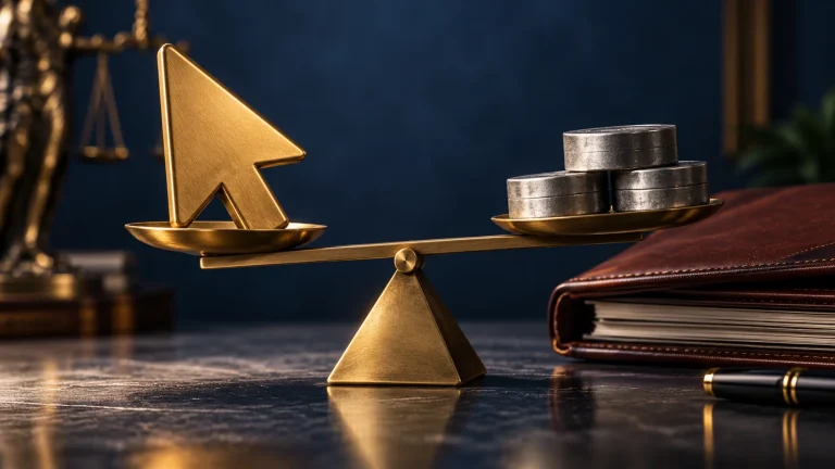 Brass cursor and tokens on a balance beside a legal document folder.