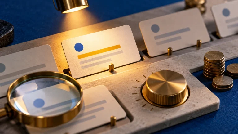 Paper campaign cards, a precision dial and budget tokens in an advertising-management still life.