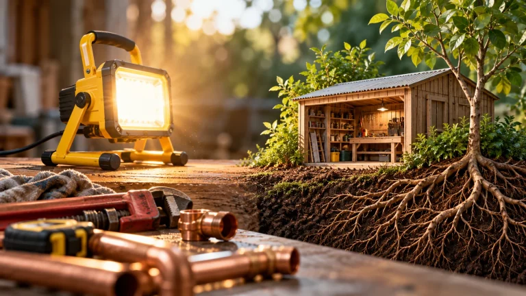 Workshop lamp and a rooted model building representing immediate and long-term marketing.