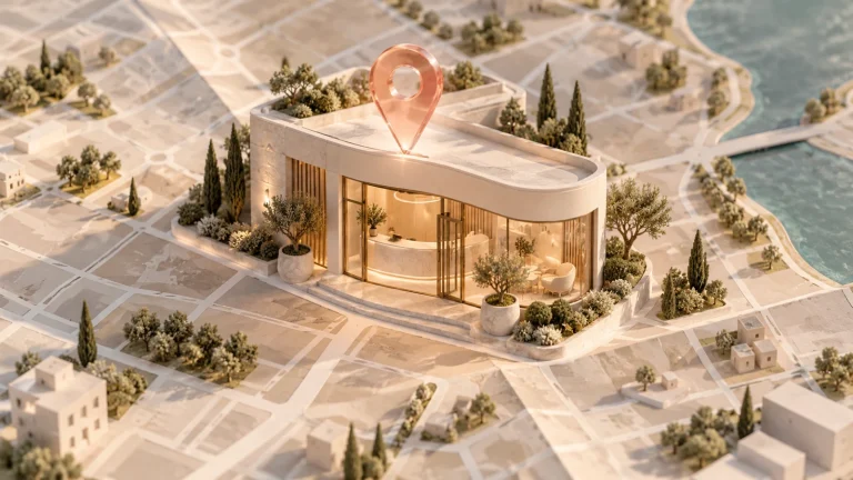 Model cosmetic-clinic reception emerging from a folded local map.