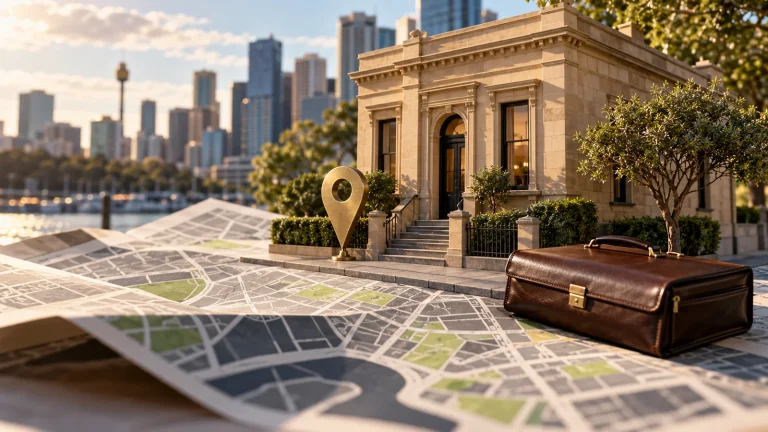 Model sandstone legal office and location marker on a folded city map.
