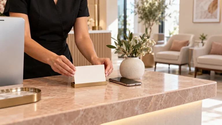 Feedback card and smartphone on a cosmetic clinic reception counter.