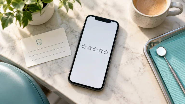 Phone with outlined feedback stars beside dental practice appointment stationery.