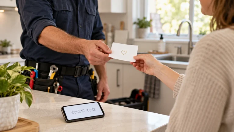 Plumber handing a thank-you card to a homeowner beside a review-request phone screen.