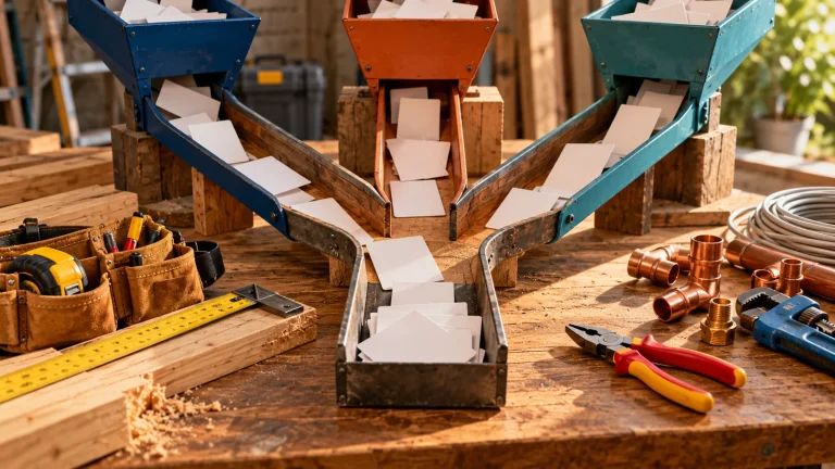 Three job-request channels leading to a tradesperson’s workbench.