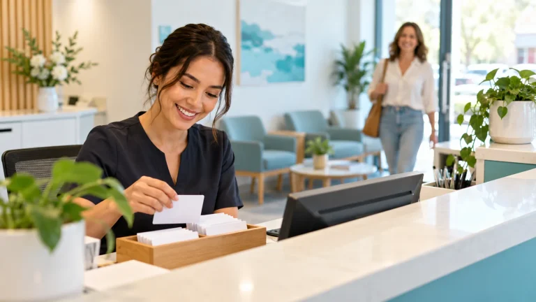 Dental receptionist organizing appointment cards in a welcoming practice.