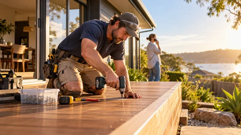 Carpenter finishing a timber deck while a homeowner makes a phone call.