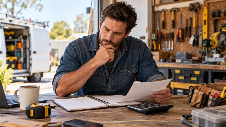 Trade business owner comparing a job ticket and calculator at a workshop desk.