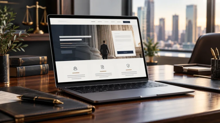 Laptop showing a legal website layout beside a pen and document folder.