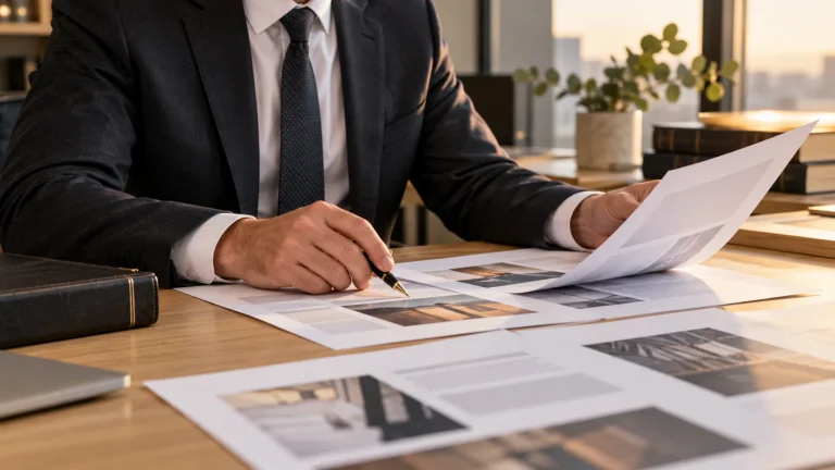 Solicitor reviewing advertising layouts at a contemporary office desk.
