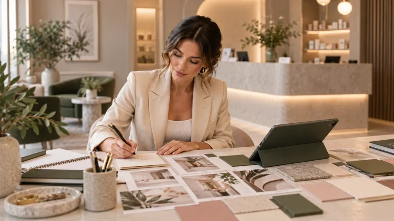 Cosmetic-clinic owner planning marketing content with photographs and paper samples.