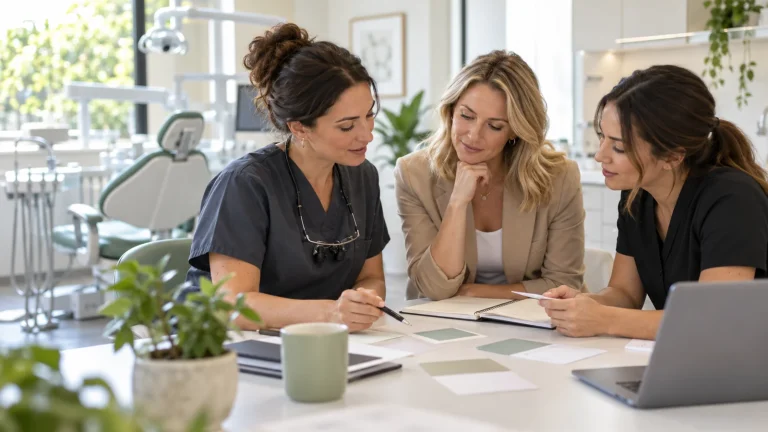 Dental practice team discussing planning cards beside an empty surgery.