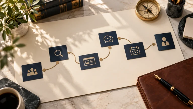 Planning cards, compass and legal folder on a marketing strategy desk.
