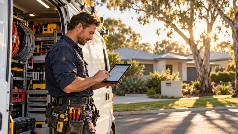 Electrician planning local jobs on a tablet beside a service van.