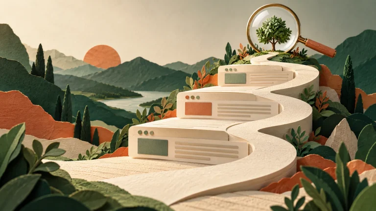 Layered paper webpages forming a clear path toward a search lens and tree.