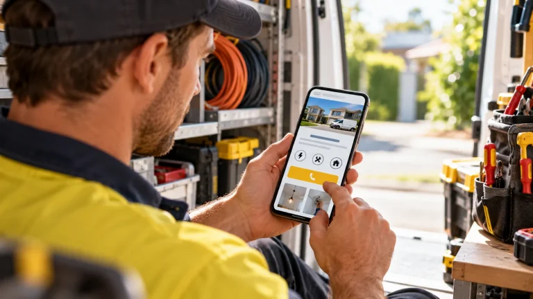 Electrician checking a service-business website on a phone inside a work van.